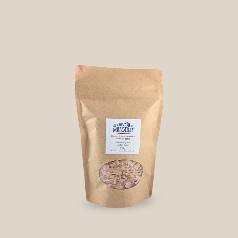 Sac 150g de copeaux de savon de Marseille, fleur de coton