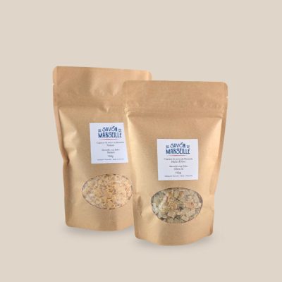 Photo produit : copeaux savon de Marseille, nature et olive, sac 150g