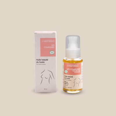 Photo produit : Huile de beauté du buste du Laboratoire du Haut-Séguala, présentée dans un flacon transparent à pompe avec bouchon et une boîte recyclée, 100 ml.