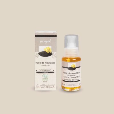 Photo produit : Huile de moutarde biologique du Laboratoire du Haut-Séguala, présentée dans un flacon transparent à pompe avec bouchon et une boîte recyclée, 100 ml.