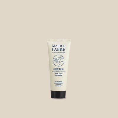 Photo produit : Crème pieds au beurre de karité et à l'huile d'amande douce, parfumé coquelicot-raisin, vient dans un tube avec bouchon vissable. 75 ml