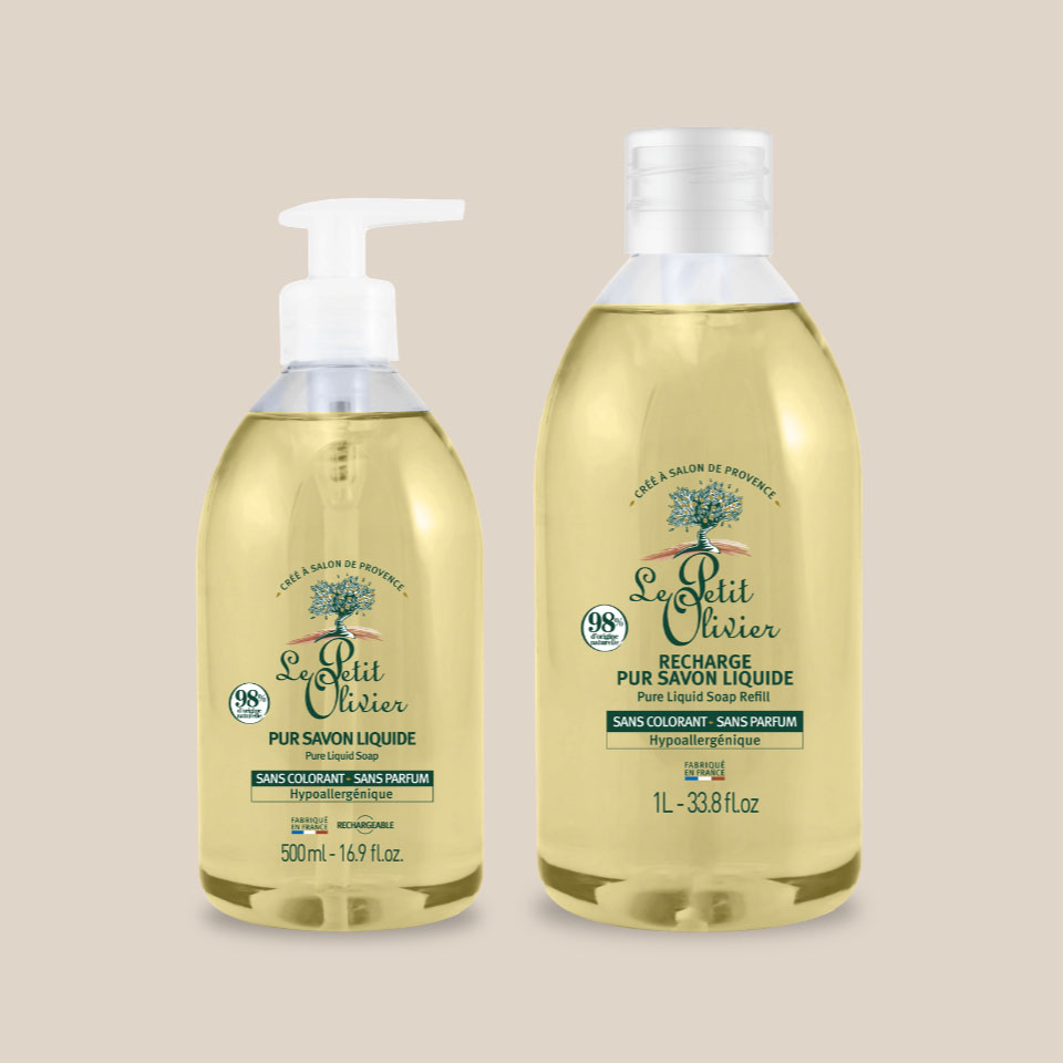 Photo produit : Pur Savon liquide neutre, format pompe 500ml et recharge 1L