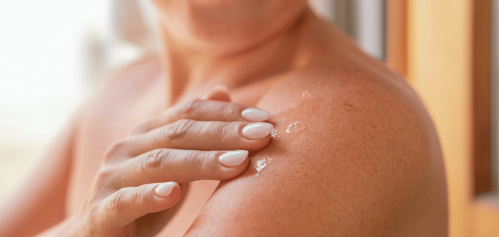 Femme à la peau rosée, après une journée au soleil