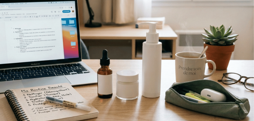 Bureau d'étude avec un ordinateur portable, cahier, produits cosmétiques et étui à crayons
